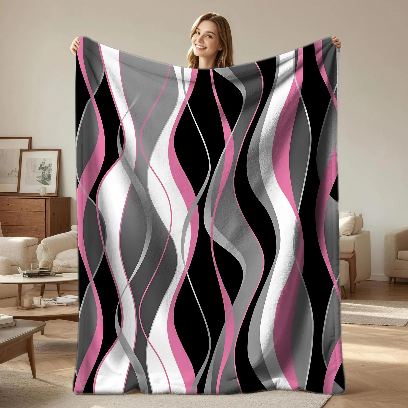 Wavy Abstract Throw Blanket, Decorative Blanket, Soft Flannel Blanket, Warm Cozy Blanket with Black Pink Gray Print, Lightweight Gift Blanket for Couch, Bed, Travel, Camping, Home Office, Aesthetic Room Decor