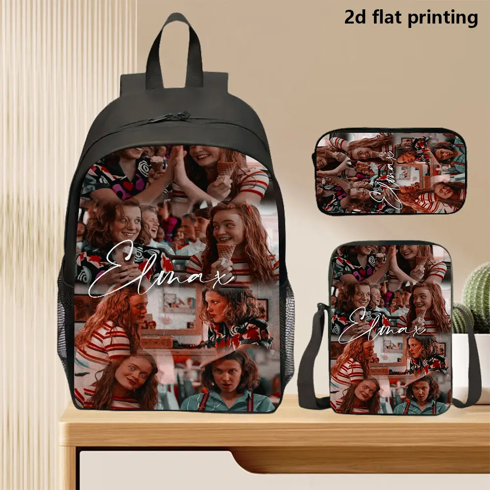 This three-piece flat-print stranger backpack set includes a large-capacity backpack with an adjustable shoulder strap, a convenient crossbody bag, and a practical pencil case, making it perfect for work, study, travel, and everyday use.