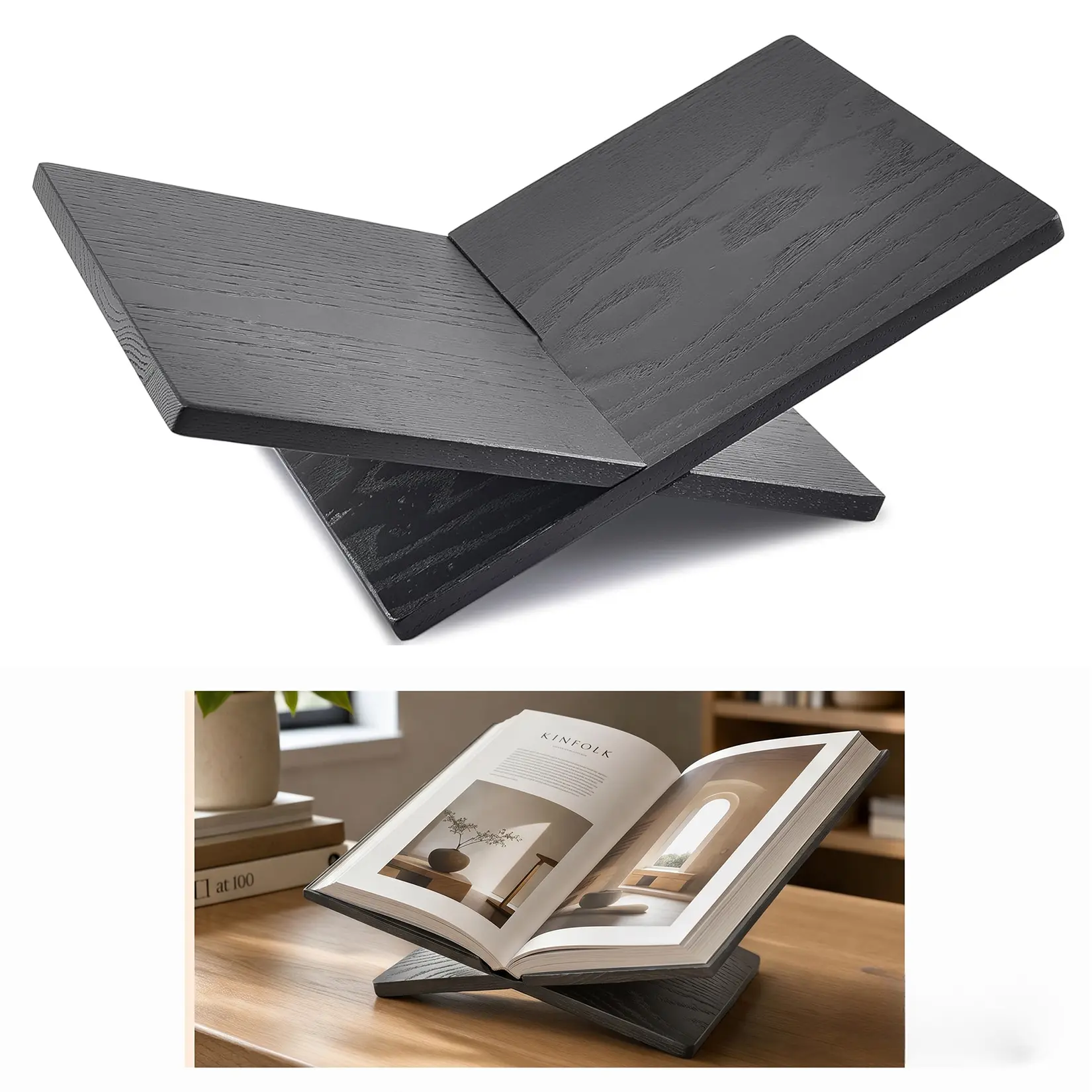 Minimalist Collapsible Wood Book Stand - Matte Black Adjustable Triangle Holder, Ergonomic Hands-Free Desktop Rest, Desk Accessories for Office & School Use