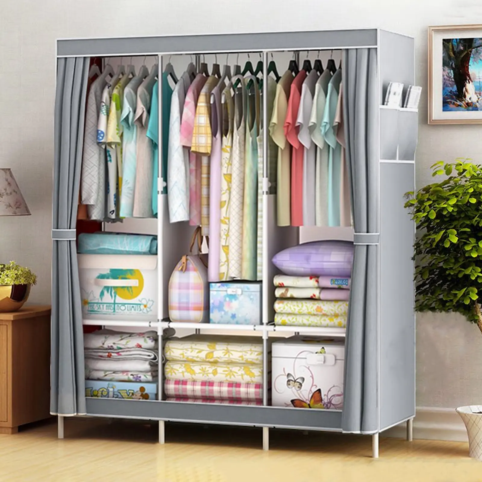 Portable Closet Organizer, Dustproof Non-Woven Fabric Wardrobe Storage Rack with Shelves for Clothing & Shoes