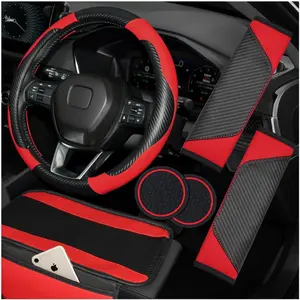 Hiseanllo 6PCS Red Car Accessories Set, Carbon Fiber Microfiber Leather Steering Wheel Cover 14.5-15", Center Console Armrest Cover, Seat Belt Pads & Cup Holder Coasters, Universal Interior Decor, Red Wheel Cover Gift Sets, Seat Accessory Gift Sets