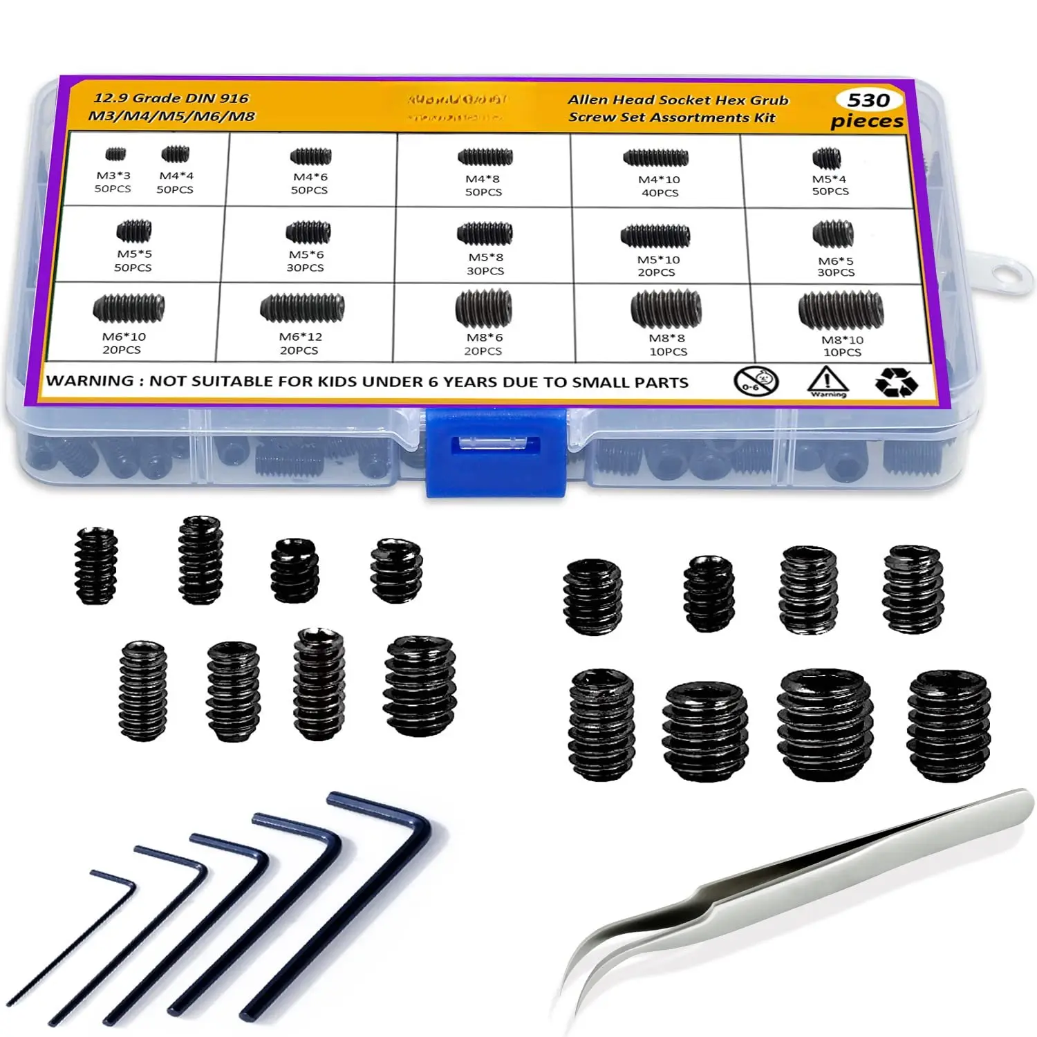 530 count Metric Set Screw  Kit, M3 M4 M5 M6 M8 Grub Screws | Hex Drive Set Screws for Bathroom Fixtures, Door Handles knobs, Towel Rack Screws