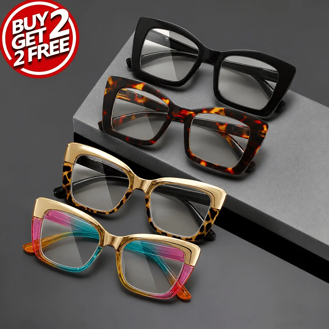 VIOLA MAG 4-Pack Oversized Cat Eye Women, Vintage Square Large Frame Anti Blue Light Fashion Presbyopic Reading Eyeglasses, Black/Tortoise/Golden Leopard Spliced/Rainbow Gradient Eyeglasses, Diopters +1.0 to +4.0