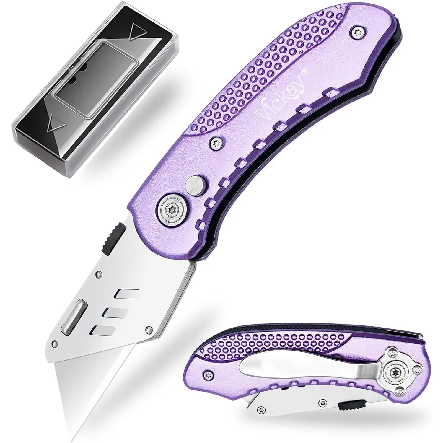 Folding Utility Knife, Box Cutter with 5 SK5 Quick Change Blades, Safety Axis Lock Design Razor Knife, Lightweight Aluminum Handle Belt Clip for Office Home Artcraft (Light Purple)