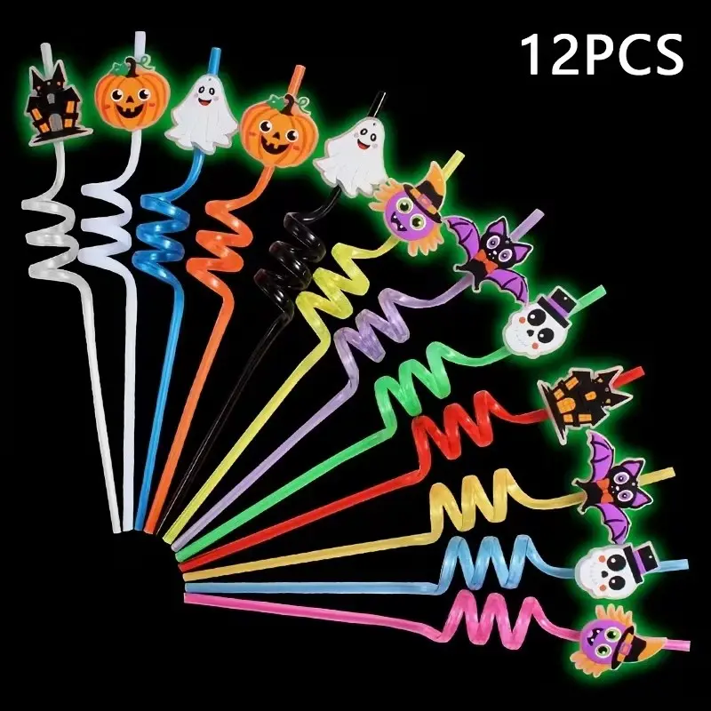 12-Pack Halloween Straws, Durable Reusable Pet Material, Bat Skull Pumpkin Spider Witch Design, Perfect for Birthday and Halloween Parties