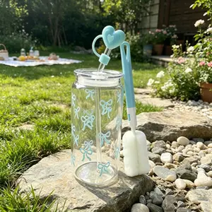 Charming Light Blue Bow Print Transparent Glass Insulated Cup, Flower Heart Silicone Straw Sleeve, Leak-Proof Ice Coffee Cup, Outdoor Picnic Travel