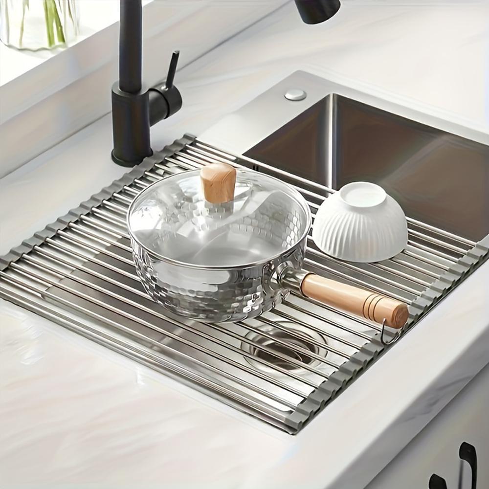 Stainless Steel Silicone Roll Up Over The Sink Dish Drying Rack, 1 Count Multifunctional & Portable Kitchen Drainer Rack, Dish Drying Organiser, Kitchen Accessories