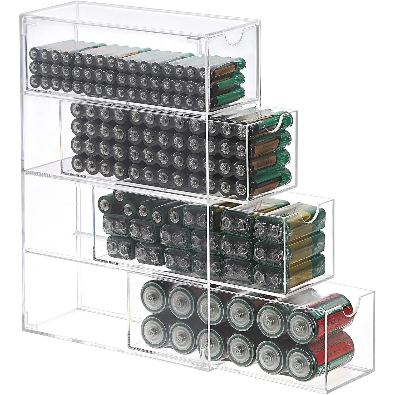 Clear Acrylic Battery Storage Organizer for AA, AAA, 9V, C Batteries | 4-Drawer Storage Box Battery Holder Organizer for Common Types Batteries, Household Container, 1 Pack(Batteries Not Included)