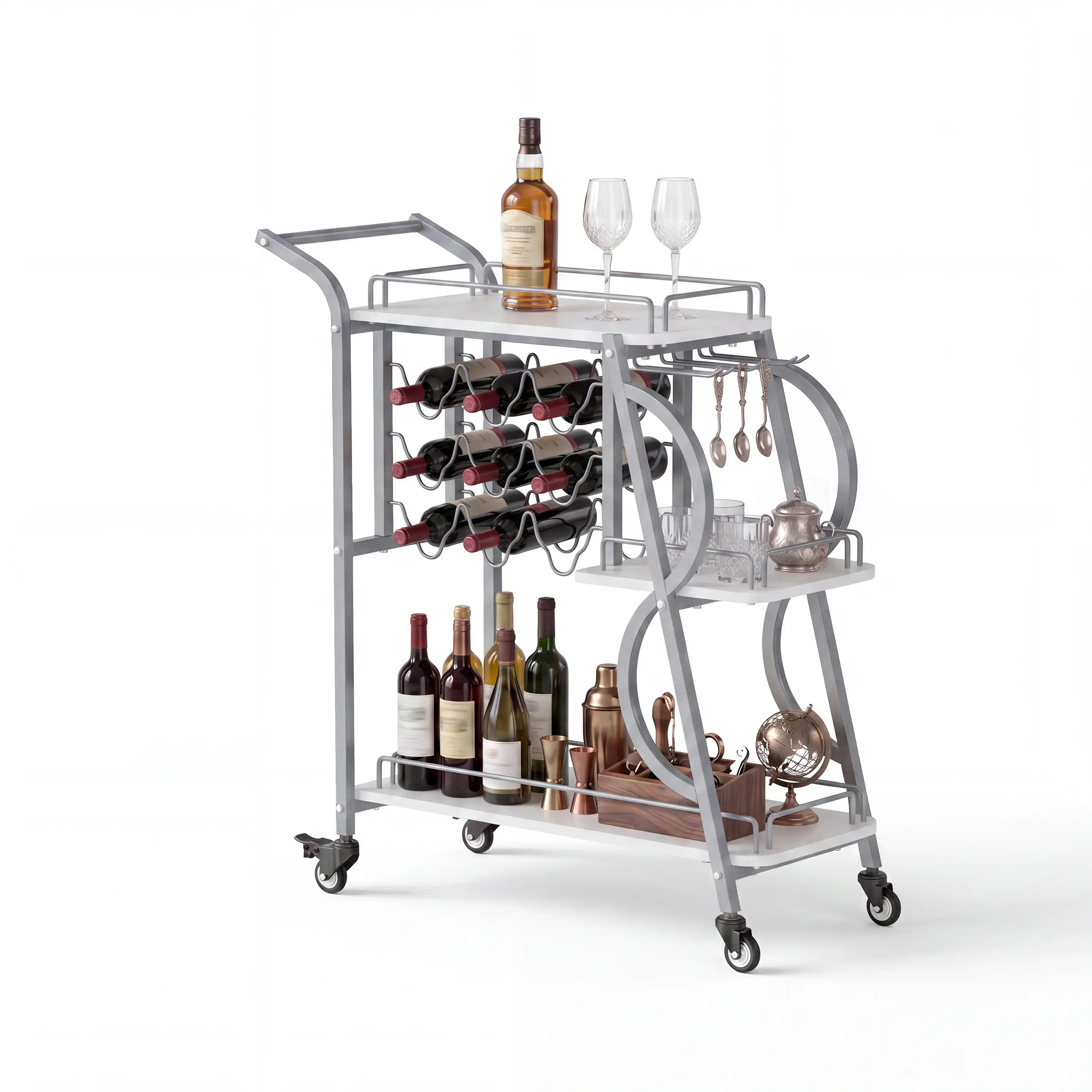 3-Tier Serving Cart with Wine Rack and Glass Holder | White MDF, holds 8 wine bottles & 9 stemware, lockable wheels, coffee/microwave/snack cart, Silver