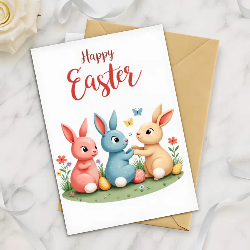 A cute Easter greeting card featuring three adorable little rabbits and colorful eggs, with a green meadow as the background and a blank inside page, suitable as a holiday celebration gift for children, family, and friends