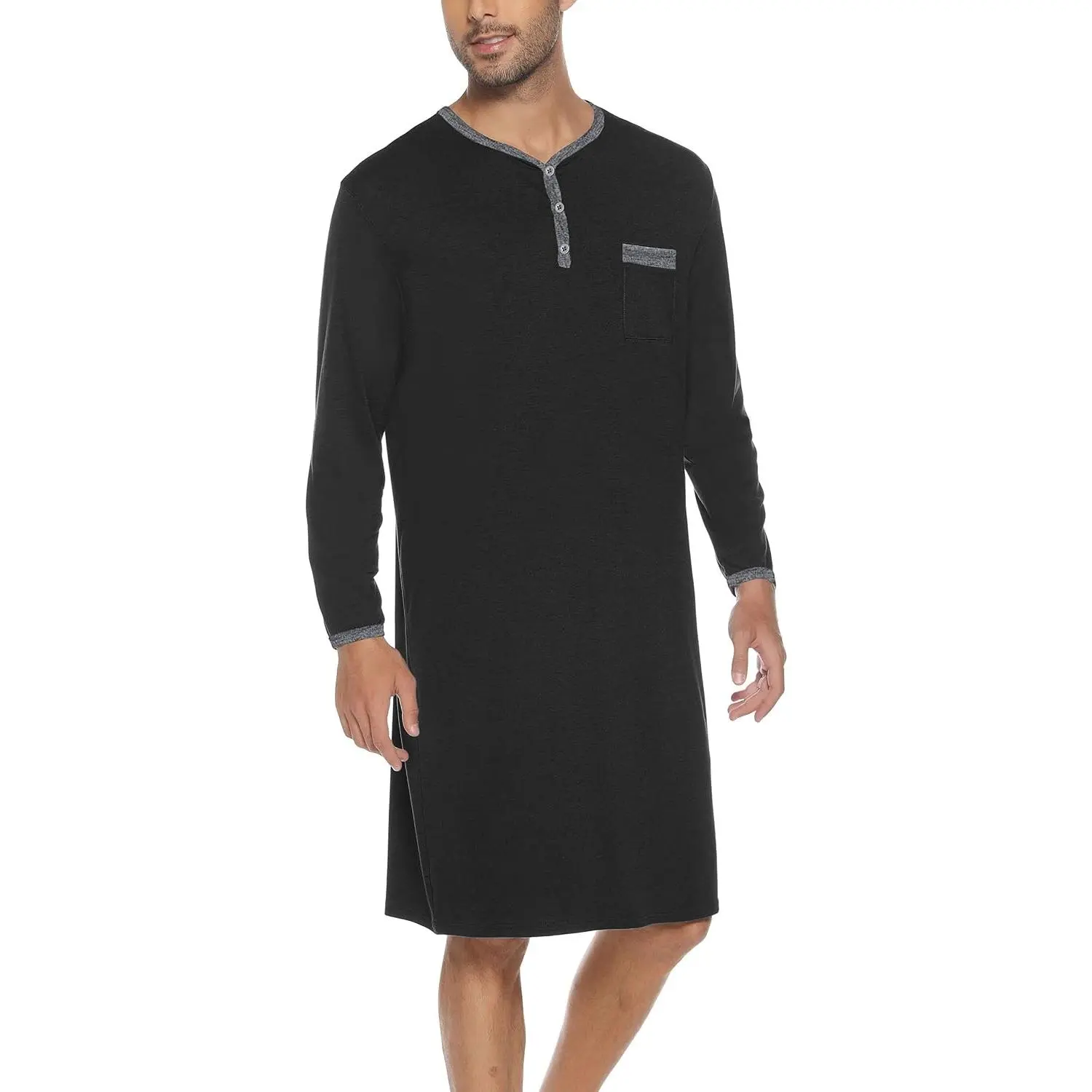 Men Long Sleeve Nightshirt Knee Length Nightgown Cotton Sleep Shirt Lounge Wear With Chest Pocket