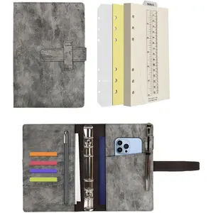 Leather Journal Refillable Binder A6 Writing Notebook Folder Organiser with Dotted Paper & Multi Pockets Cover for Business School Travel (A6, Grey)