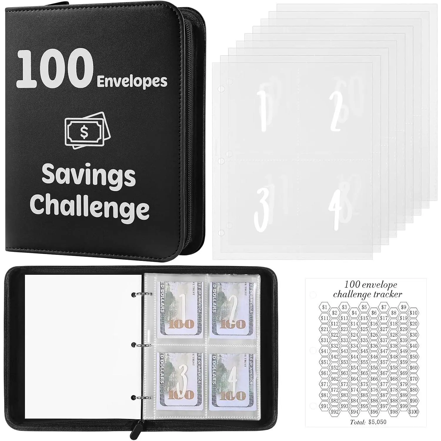 100 Envelopes Money Challenge Binder with Laminated Tracker, Cash Envelopes Budget Savings Book with Zipper, Save $5,050 - Black(Gift)