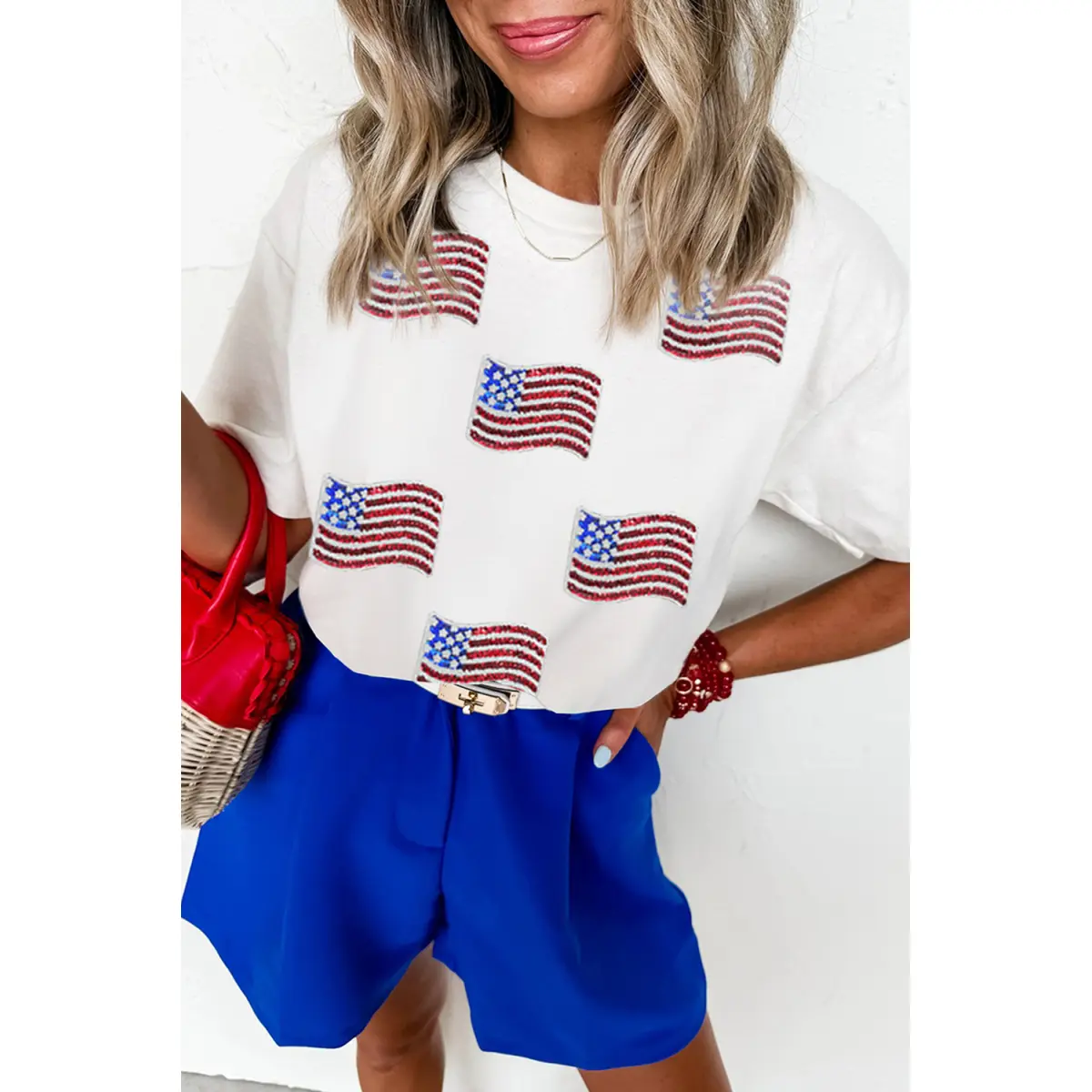 Women's Short-Sleeve Round Neck White Sequin American Flag Patched Everyday Style Casual T-Shirt