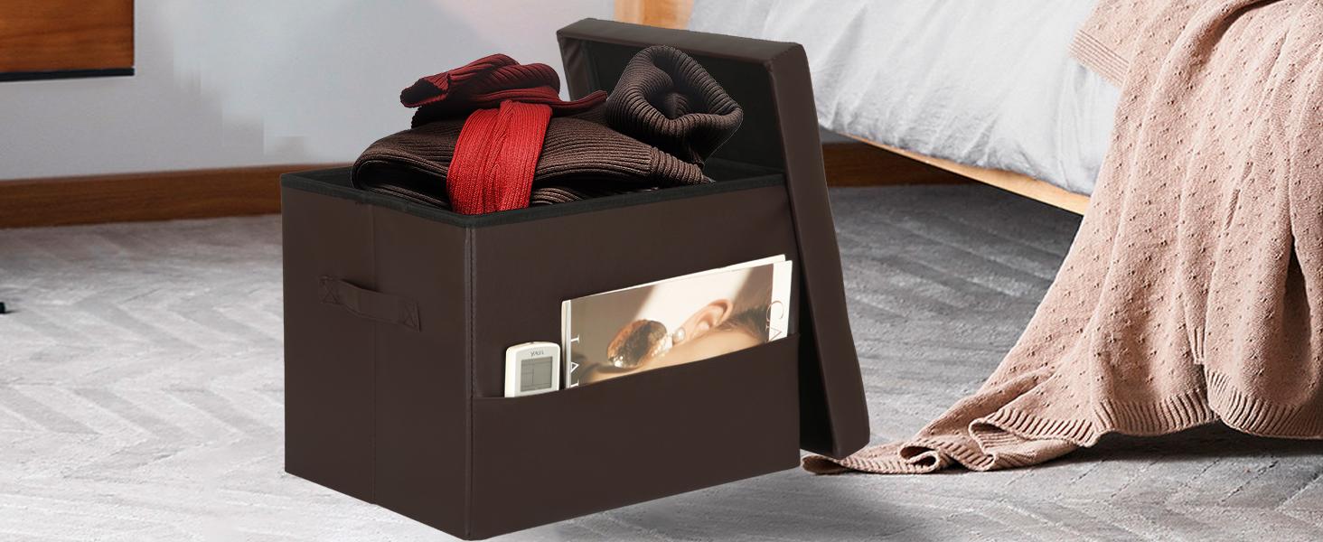 Storage Ottoman Foot Rest Stool, Foldable Leather Footstool Storage Bench with Thicker Foam Padded Seat. Foot Rest Under Desk for Living Room Bedroom 350 lbs, 17x13x13 in, Brown