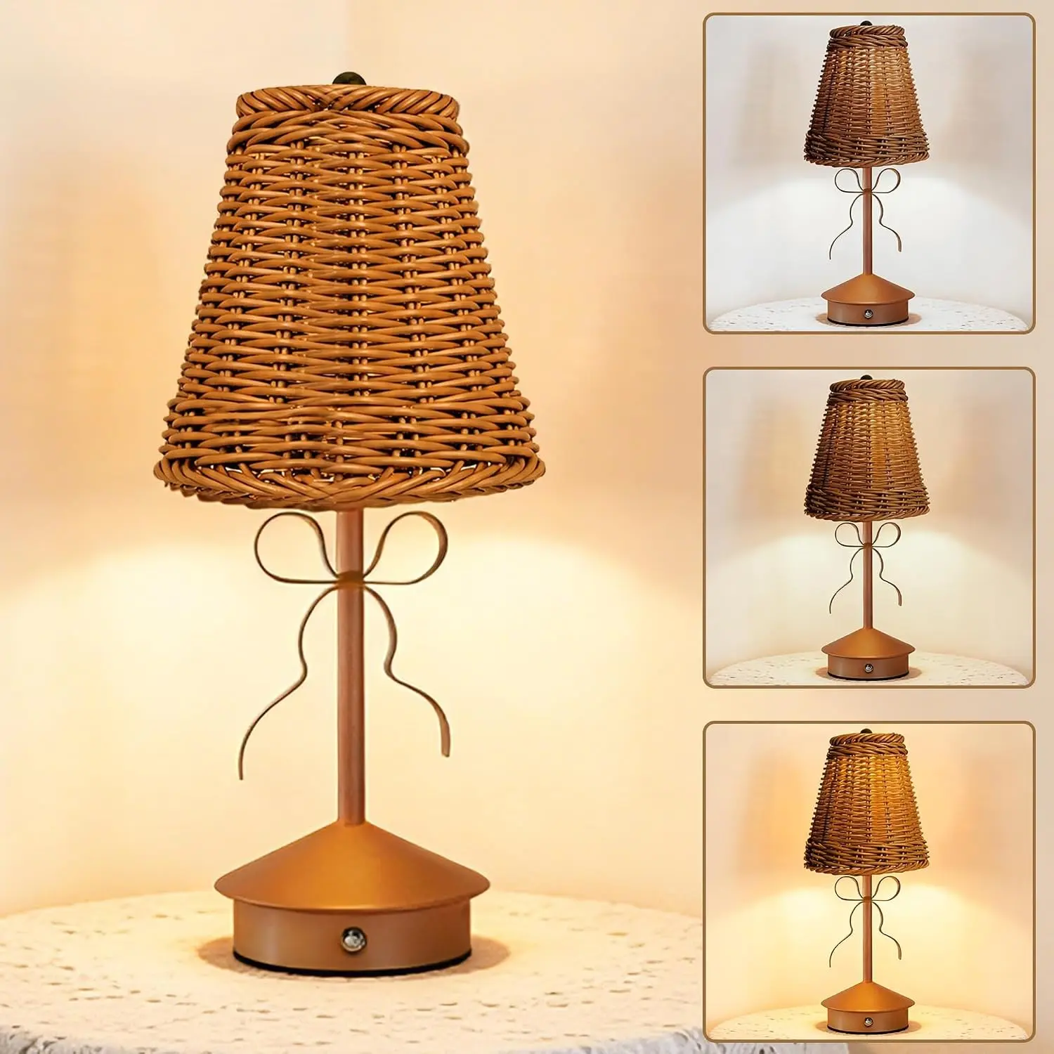 Boho Rattan Table Lamp,Small Wicker Lamp,Vintage Bow Lamp with 3 Color Dimmable Night Light with PC Shade,Cordless Rechargeable Touch Lamp,Bedroom Nursery Office Decor,Orange-brown