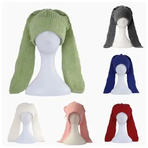 Label Knitted Hat Winter Long Cute Rabbit Ear Bunny Hat For Women Men Party Personality Couple Hat Beanies Skullies