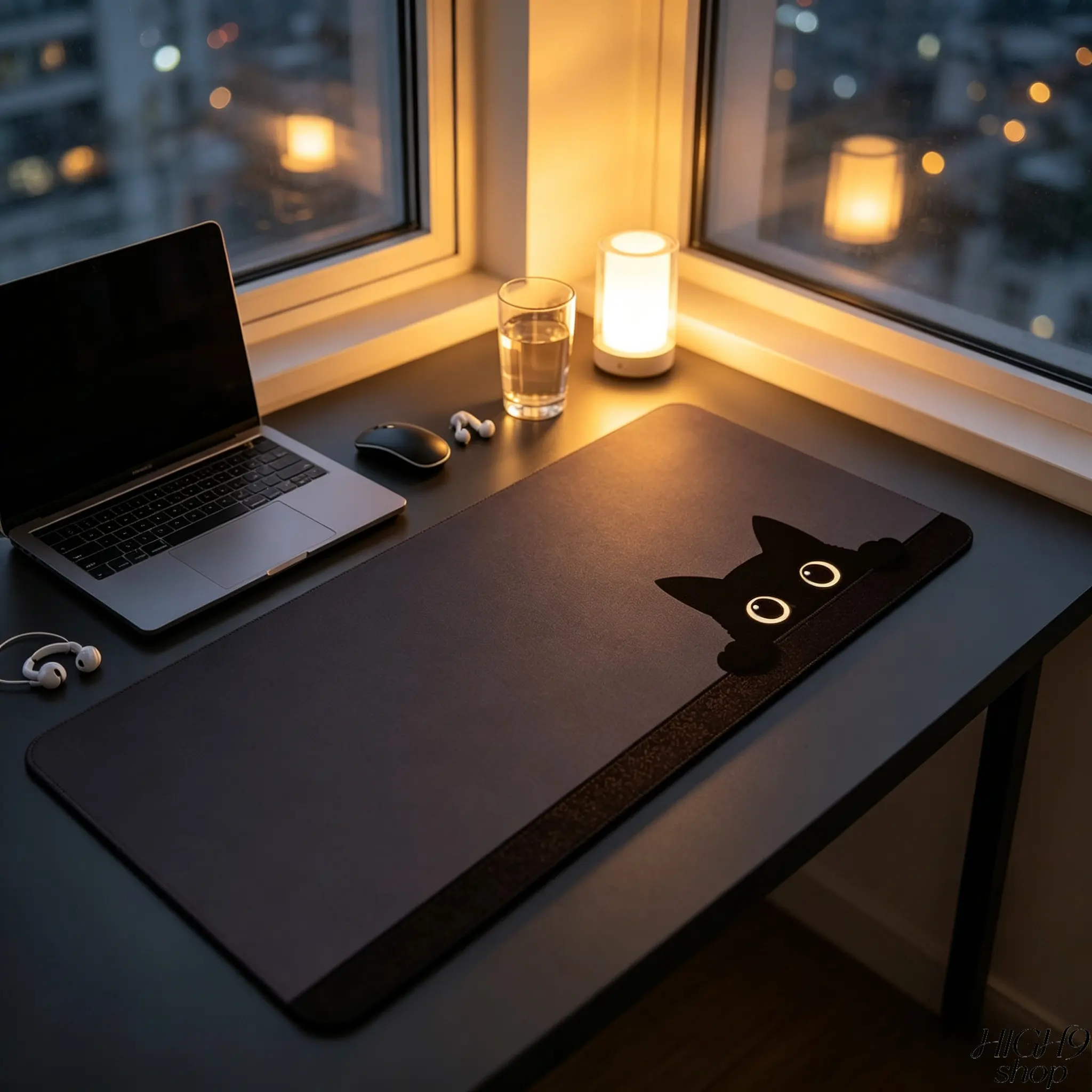 Minimalist Dark Background Peeking Black Cat Extended Gaming Mouse Pad, Cute Cartoon Kitten Non-Slip Rubber Lock Edge Large Desk Mat, Simple Aesthetic Desktop Protector Multi Sizes for Home Office Gaming