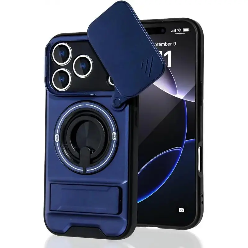 Magnetic for iPhone 17/16/15/14/13/12/11/16E Pro Max Plus Phone Case with Invisible Magnetic 360° Rotating O-Ring Stand, Camera Sliding Cover (Compatible with MagSafe)(Military Grade Drop Protection) Full Camera Lens Protector