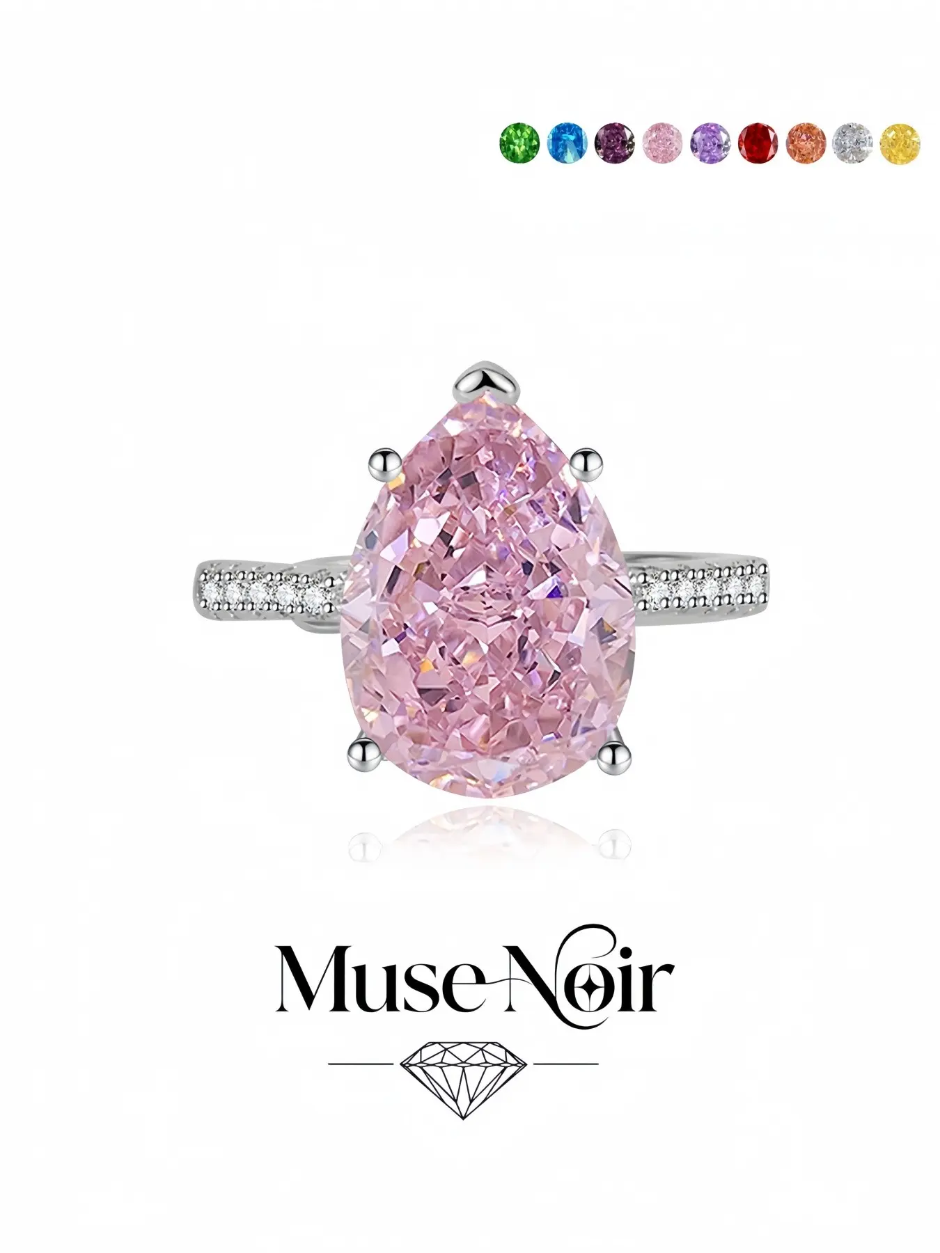 Pink Crystal Tear Crown Honor Ring, zircon statement ring, pear-shaped ice-cut high-carbon stone adjustable band. Stylish jewelry for dating, daily wear, vacations and formal dinners.