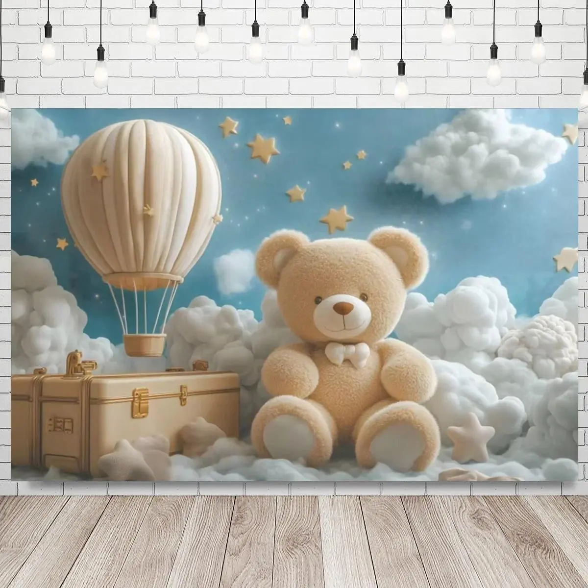 Polyester Teddy Bear & Hot Air Balloon Print Tapestry - Lightweight Room Decor, Home Decor for Baby Shower, Engagement, Anniversary Event Photography Background & Wall Hanging Prop