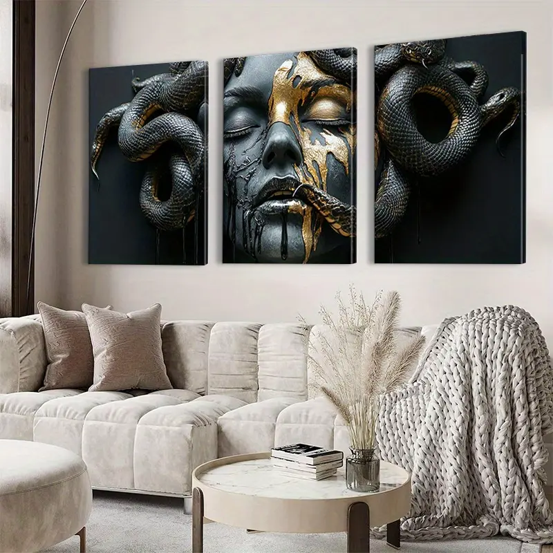 2D Flat, 2D Flat, 2D Flat Effect, Framed, 3pcs Set of Medusa Mask Canvas Wall Art, Decorative Art in Classic Modern Style, Wrapped Frame, Vertical Orientation, Suitable for Indoor Use in Home Office, Dining Room, Bedroom, Kitchen