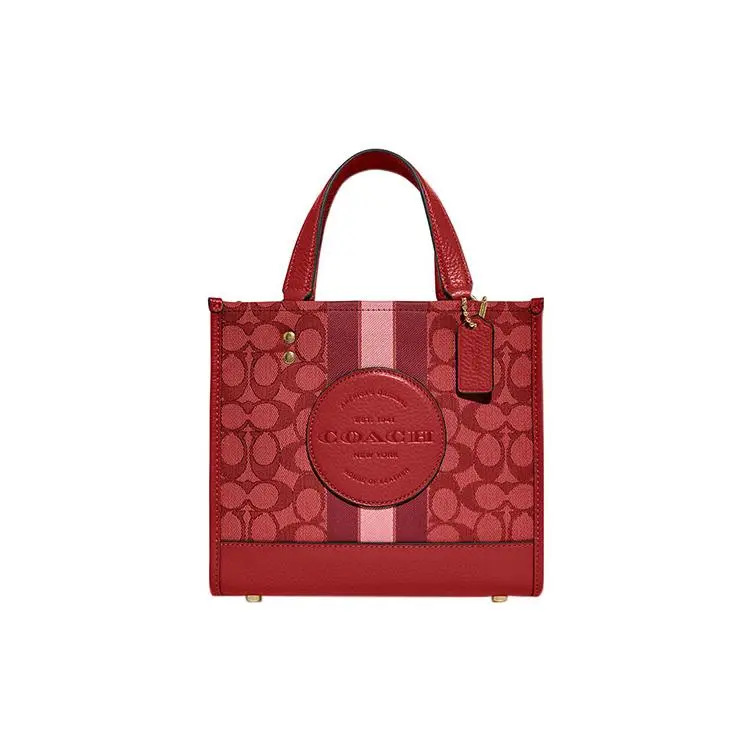 COACH Dempsey 22 Classic Monogram Snap-Clasp Tote Bag for Women, Fabric and Leather Blend, Red
