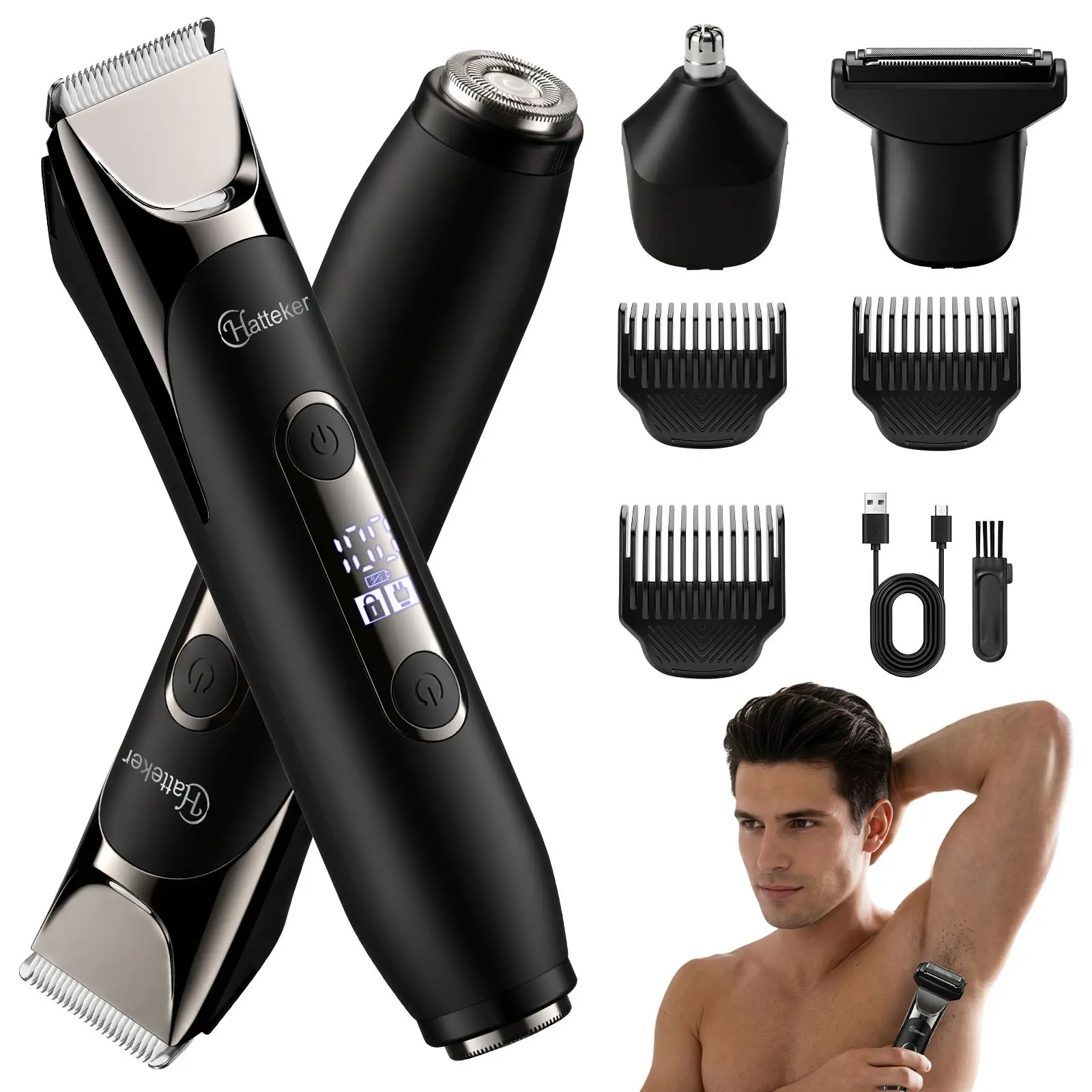 Hatteker 4 in 1 Multifunctional Dual - Head Body Hair Trimmer for Men, Smooth IPX7 Waterproof Groin & Body Hair Groomer, Rechargeable Body Electric Shaver Razor