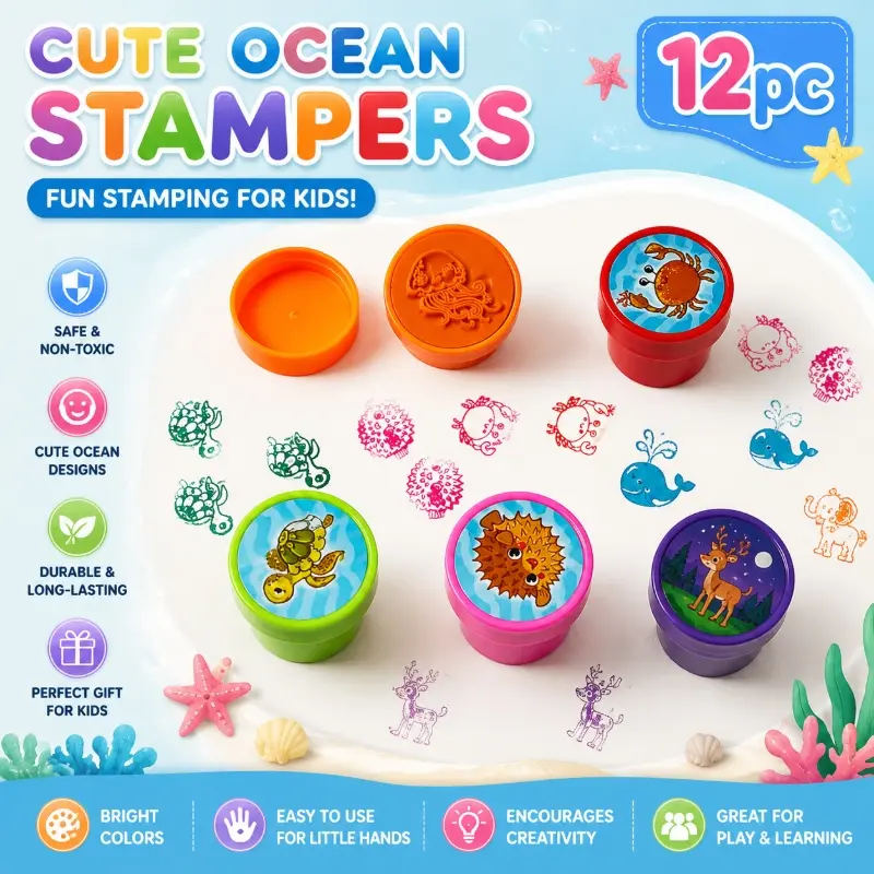 Cute Sea Creature Self Inking Stamp Set for Kids, DIY Art Craft Toy, Children Birthday Swap Party Favors Pinata Fillers Gift