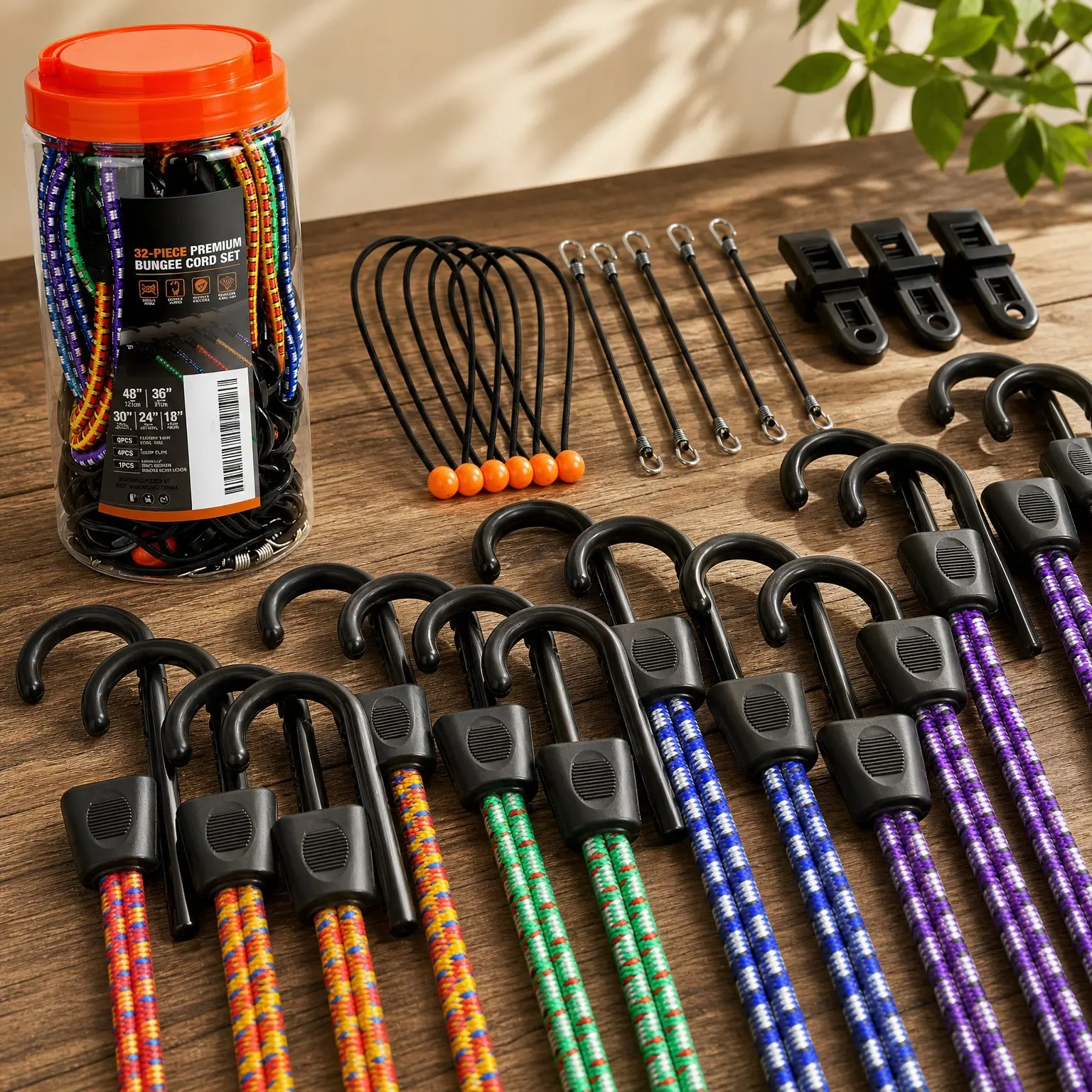 31-Piece Premium Bungee Cord Kit with 10-Inch Mini Cords, 18-48 Inch Multi-Color Cords, 4 Trap Clips, and 6 Canopy Trap Ball TiesGift