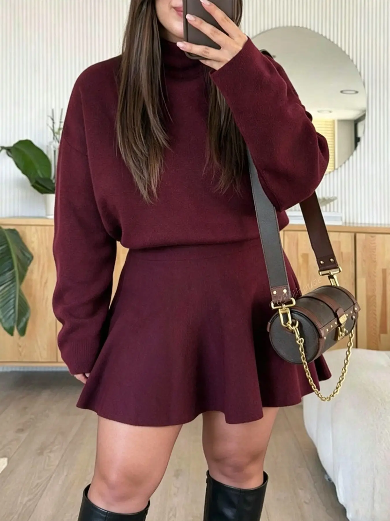 Plus Size Burgundy Turtleneck Knit Mini Dress, Oversized Long Sleeve High Waist Flared Skater Dress, Curvy Fall Winter a Line Basic Casual Dress