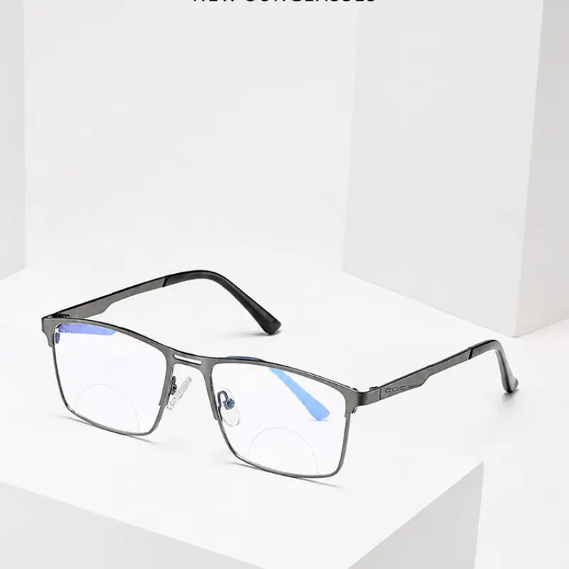 Men's High-End Durable Lightweight Business Full Frame Metal Bifocal Glasses, Blue Light Blocking PC Lenses, Dual Use Reading Glasses, Office Daily Wear, Multifocal Eyeglasses