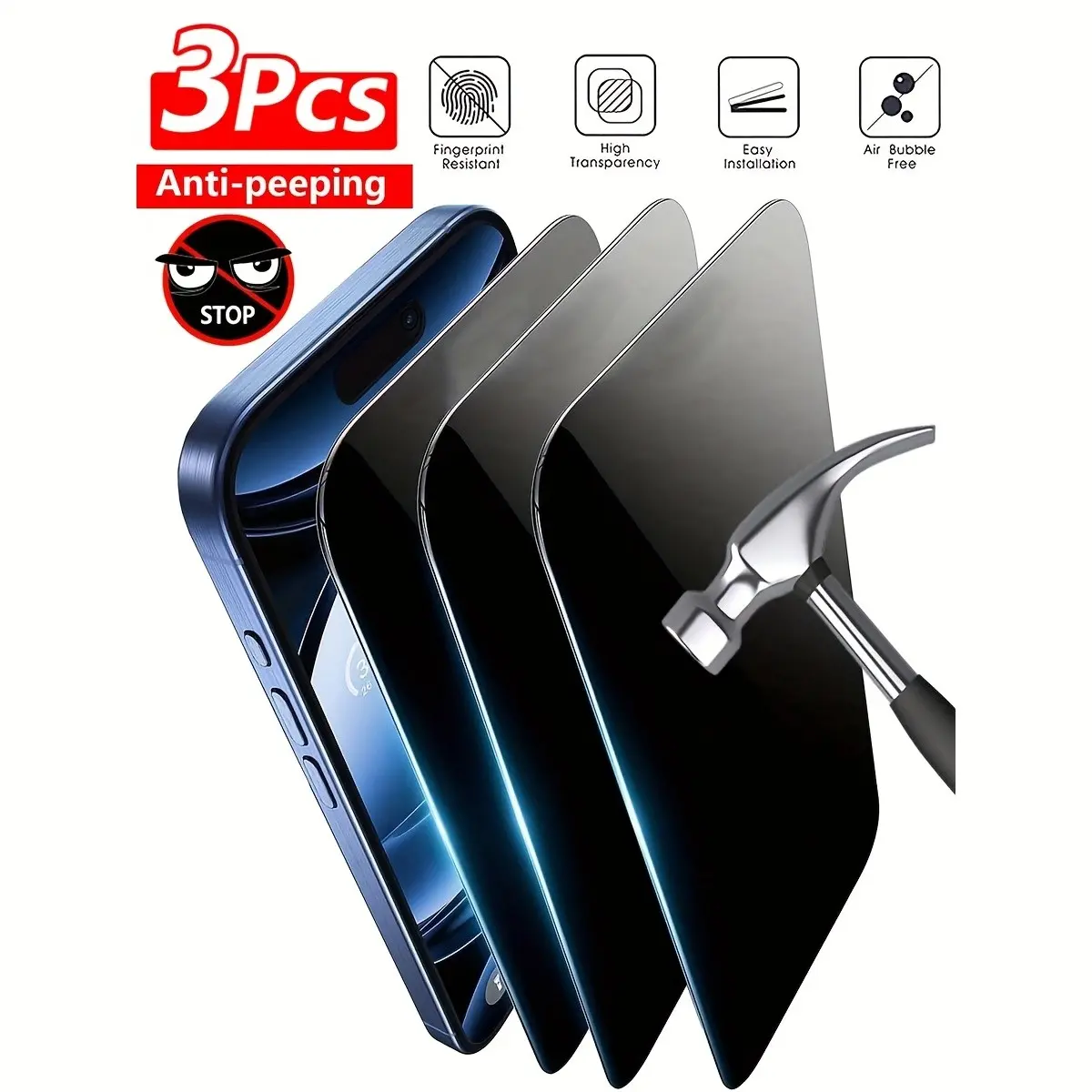 3-Pack Tempered Glass Screen Protector for iPhone, Anti-Glare Privacy Film, Fingerprints Resistant, Full Coverage, Easy Install, Bubble-Free