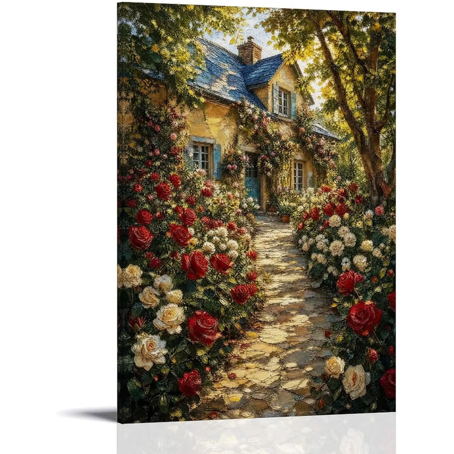 French Country Stone Cottage Floral Roses High-Detail 1-Piece Pine Wood Framed Canvas Wall Art Poster, Rural Oil Painting Print Farmhouse Home Decor for Living Room, Bedroom, Artwork