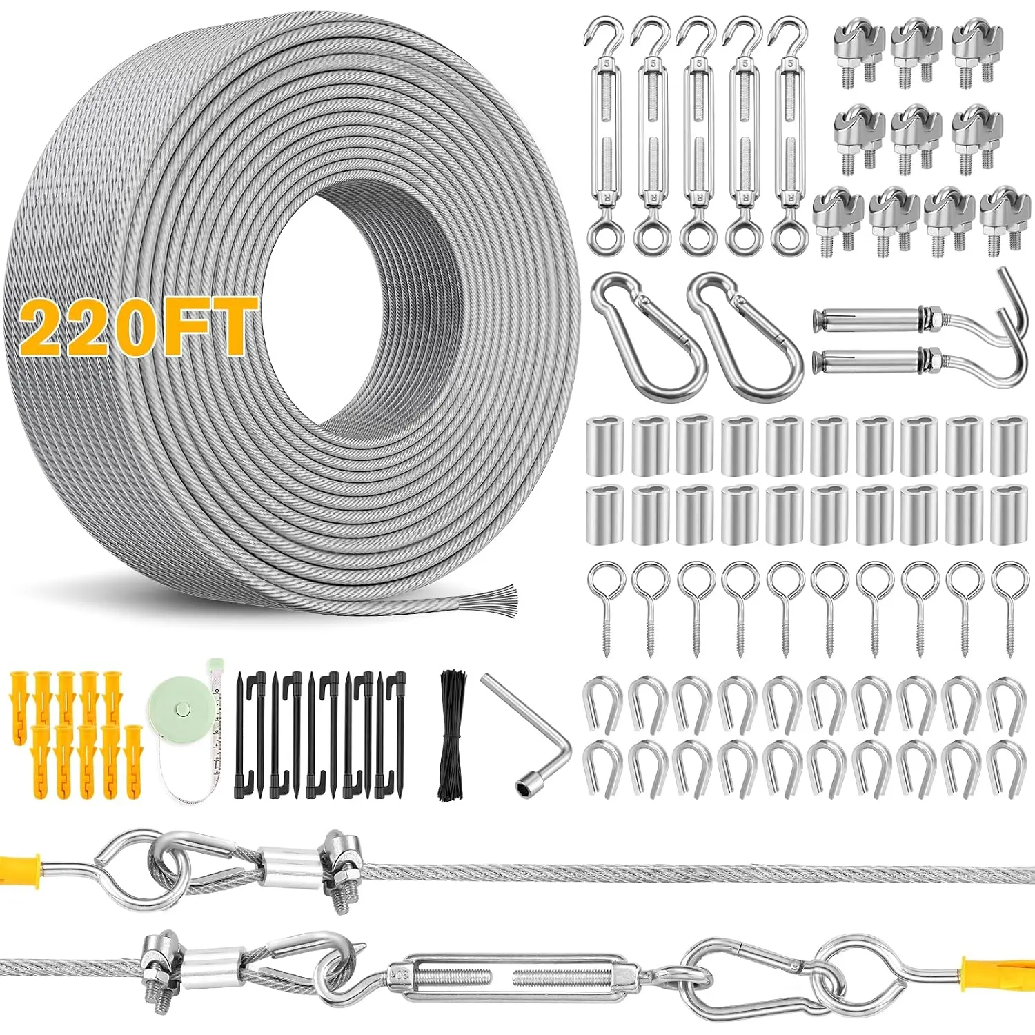 220FT 1/8" Wire Rope Kit - 304 Stainless Steel  with Turnbuckles for Cables Wire, Vinyl Coated  Wire for Outdoor String Lights, Camping, Garden Trellis,  Clothes, Pictures, Curtain