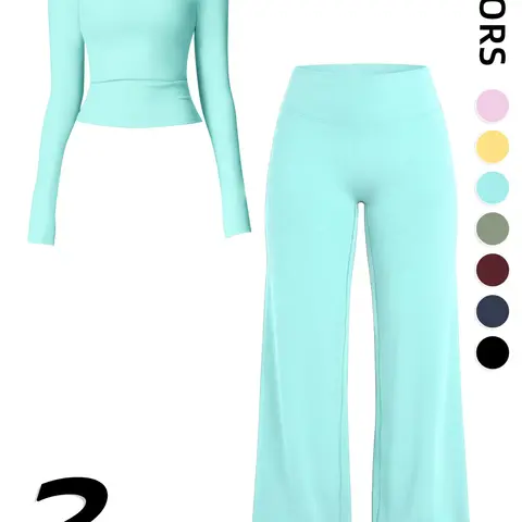 Women's Sportswear Set, Long Sleeve Round Neck Top & Wide Leg Pants, Plain Yoga Straight Leg Pants, Comfortable Fashion Workout Clothes, Yoga sports clothing