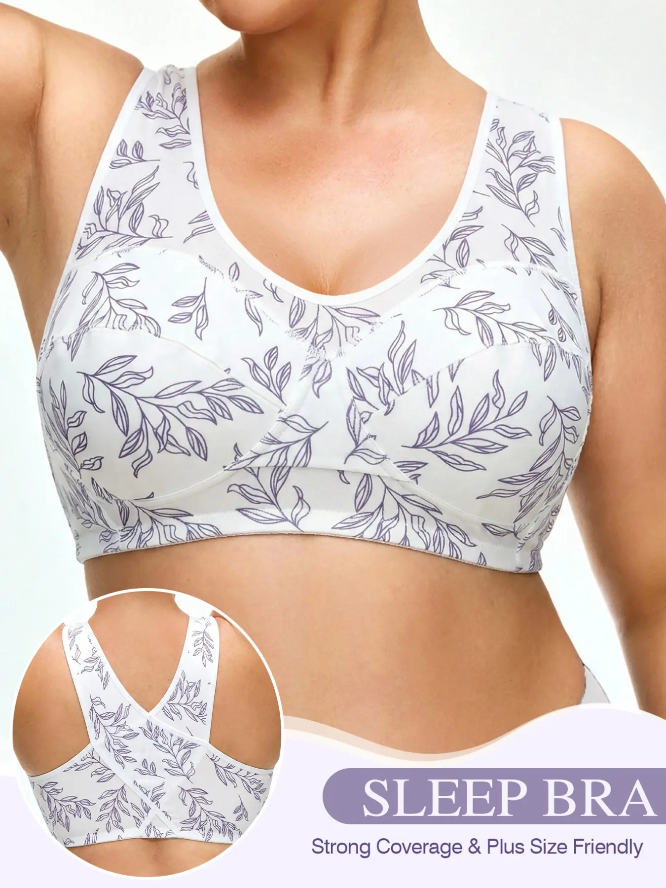 Women's Plus Size Wire-Free Sleep Bra, Leaf Print Crisscross Back Wide Straps Thin Unpadded Bustier, Full Coverage Anti-Sagging Anti-Spread For Home Rest