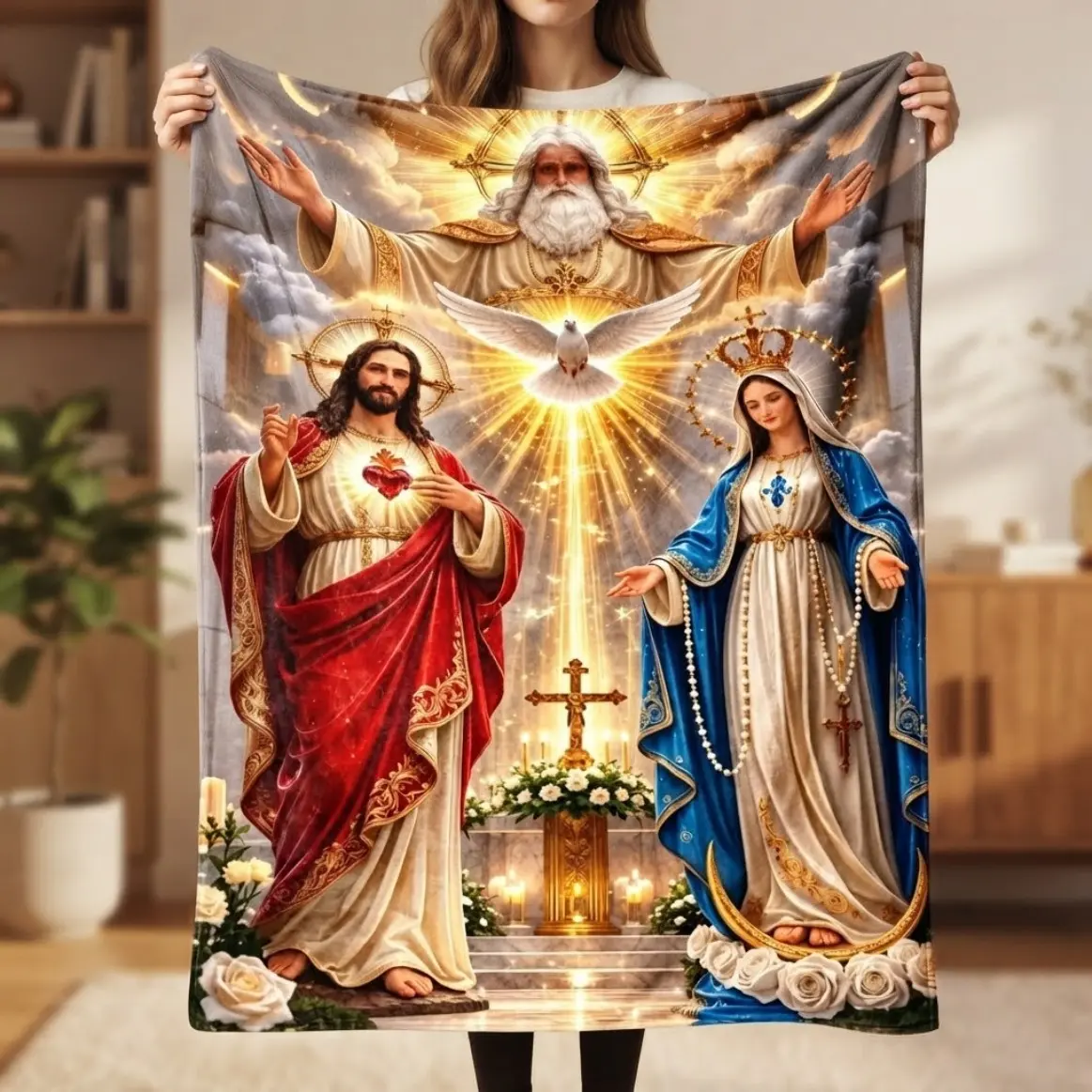 Holy Trinity Christian Flannel Throw Blanket For Adults And Kids, Religious Oil Painting Fleece Blanket, Ultra Soft Cozy Faith Blanket For Couch Sofa Bed Home Decor, Easter Christmas Birthday Thanksgiving Gift