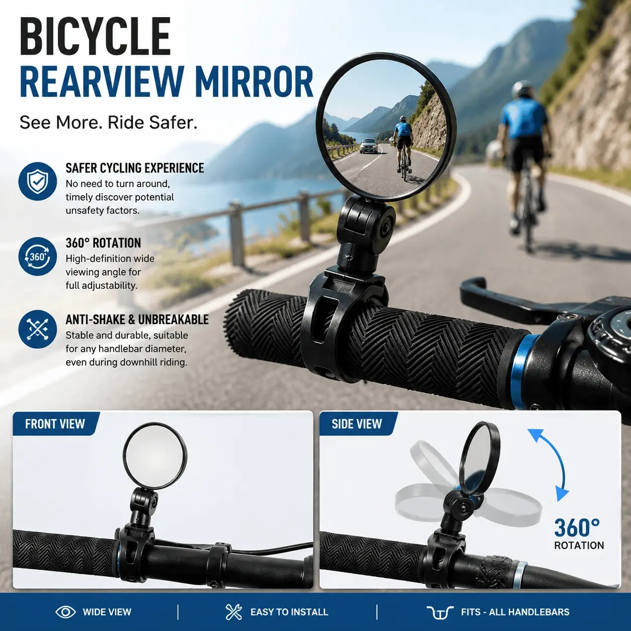 Universal Bike Mirror, Cycling Accessories, Bicycle Accessories: HD Wide-Angle Lens for Enhanced Cycling Safety - Anti-Slip, Sturdy Handlebar Mount Compatible with Mountain & Road Bikes (5cm & 8cm Sizes)