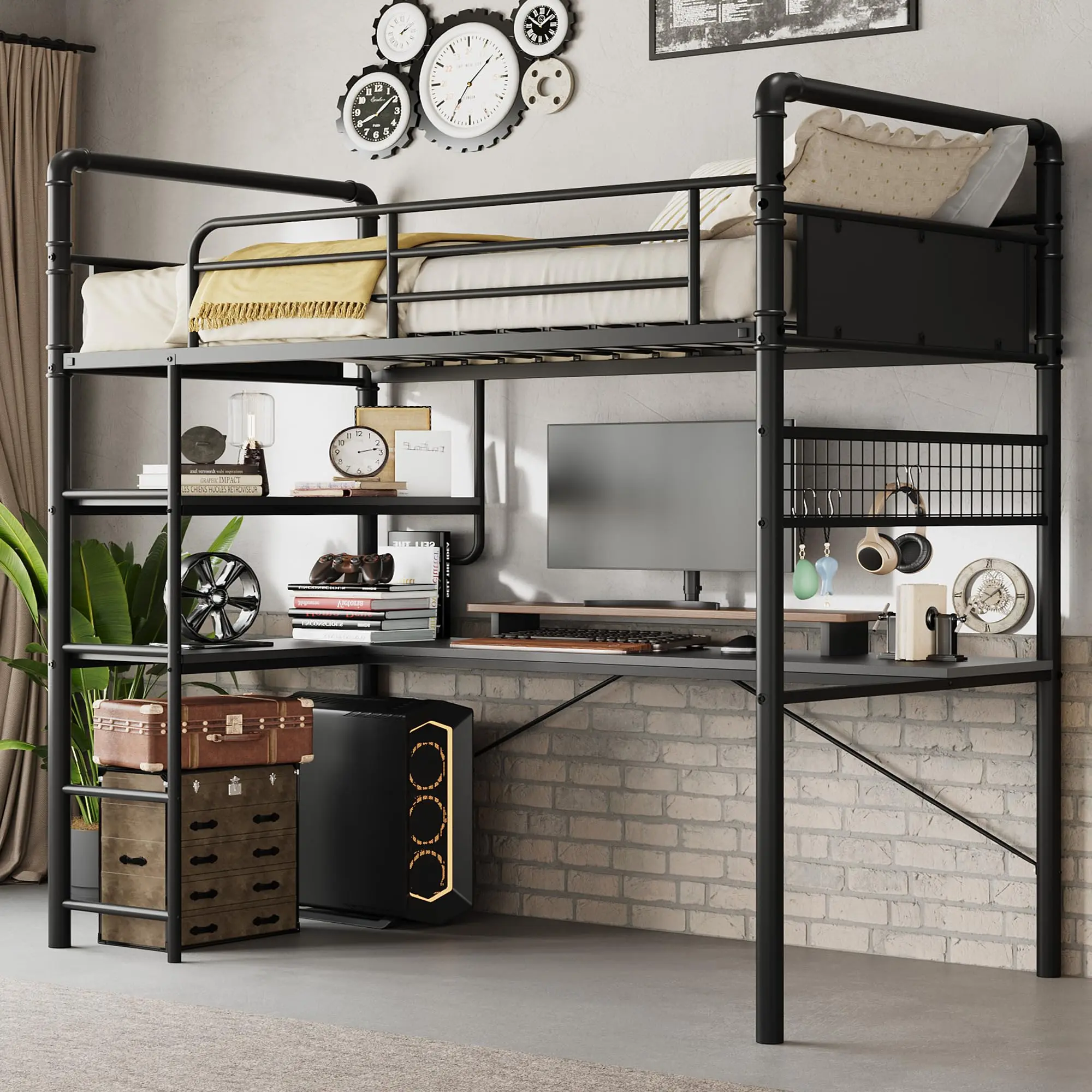 Garvee Loft Bunk Bed with L-Shaped Desk, Twin Loft Bed with Desk Underneath, Metal Bunk Beds Featuring High Guardrail and Ladder, Suitable for Teens and Adults, Easy Assembly, Vintage Black Finish