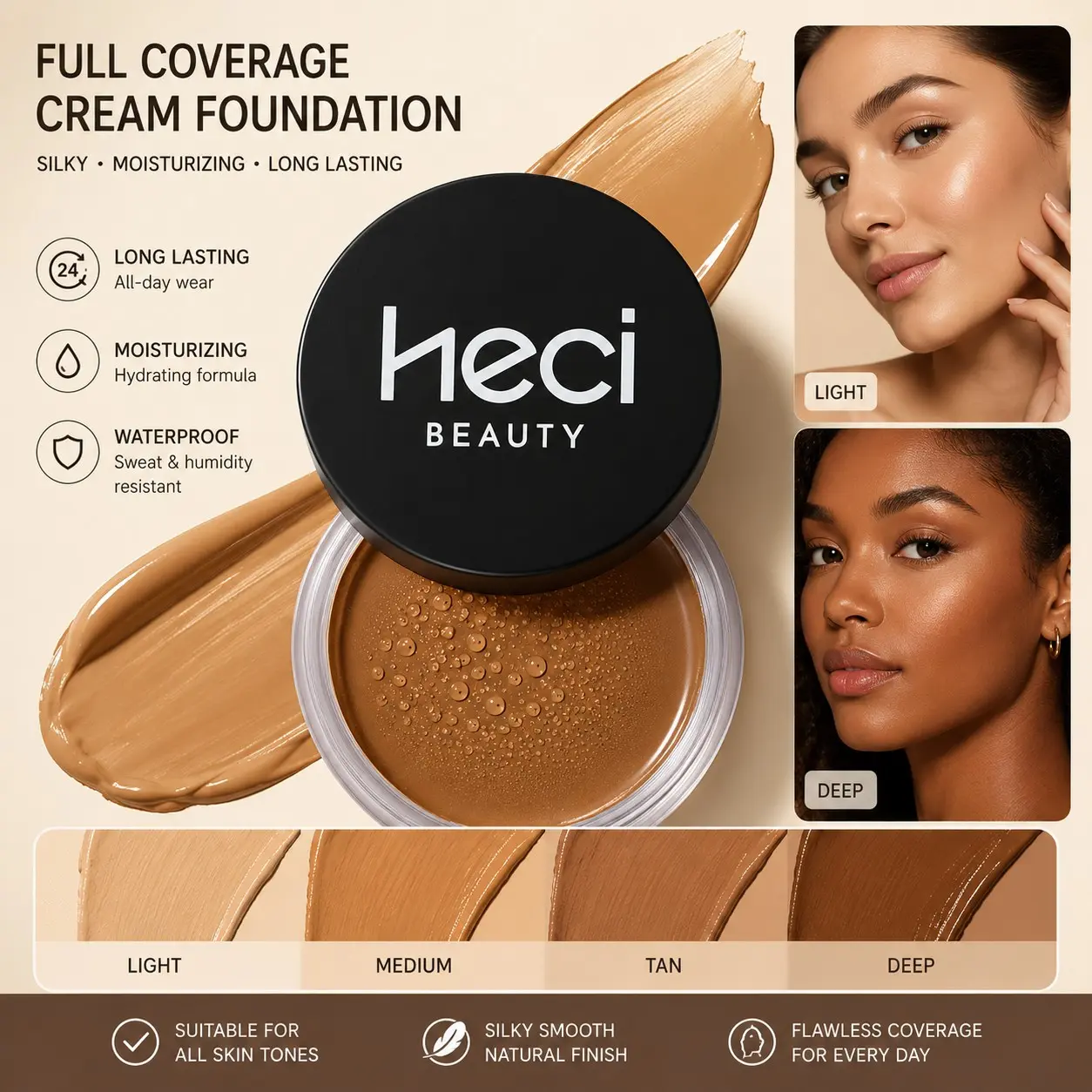 Full Coverage Cream Foundation, Long Lasting Waterproof Face Makeup, Smooth Moisturizing Base Makeup for Women & Girls, Balm Form