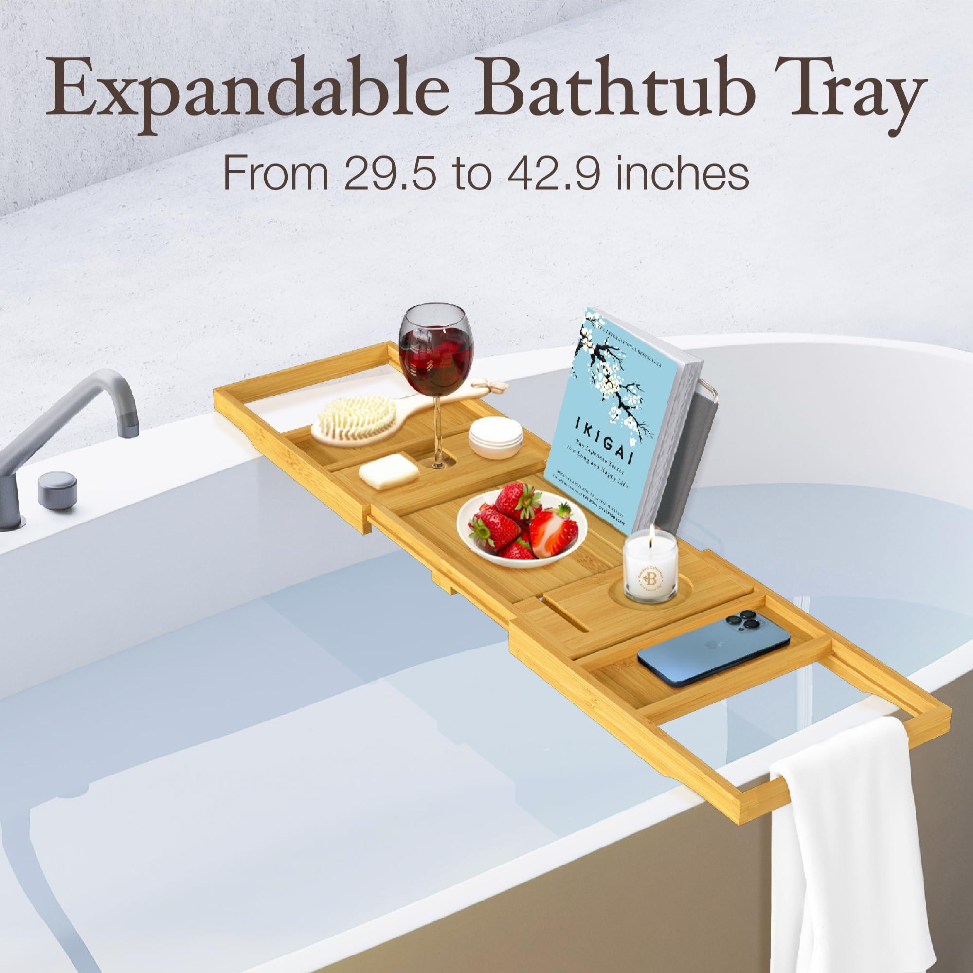 Bamboo Bath Tub Tray, Wooden Bath Tub Tray with Expandable Sides, Bathroom Accessories & Gifts for Women & Men