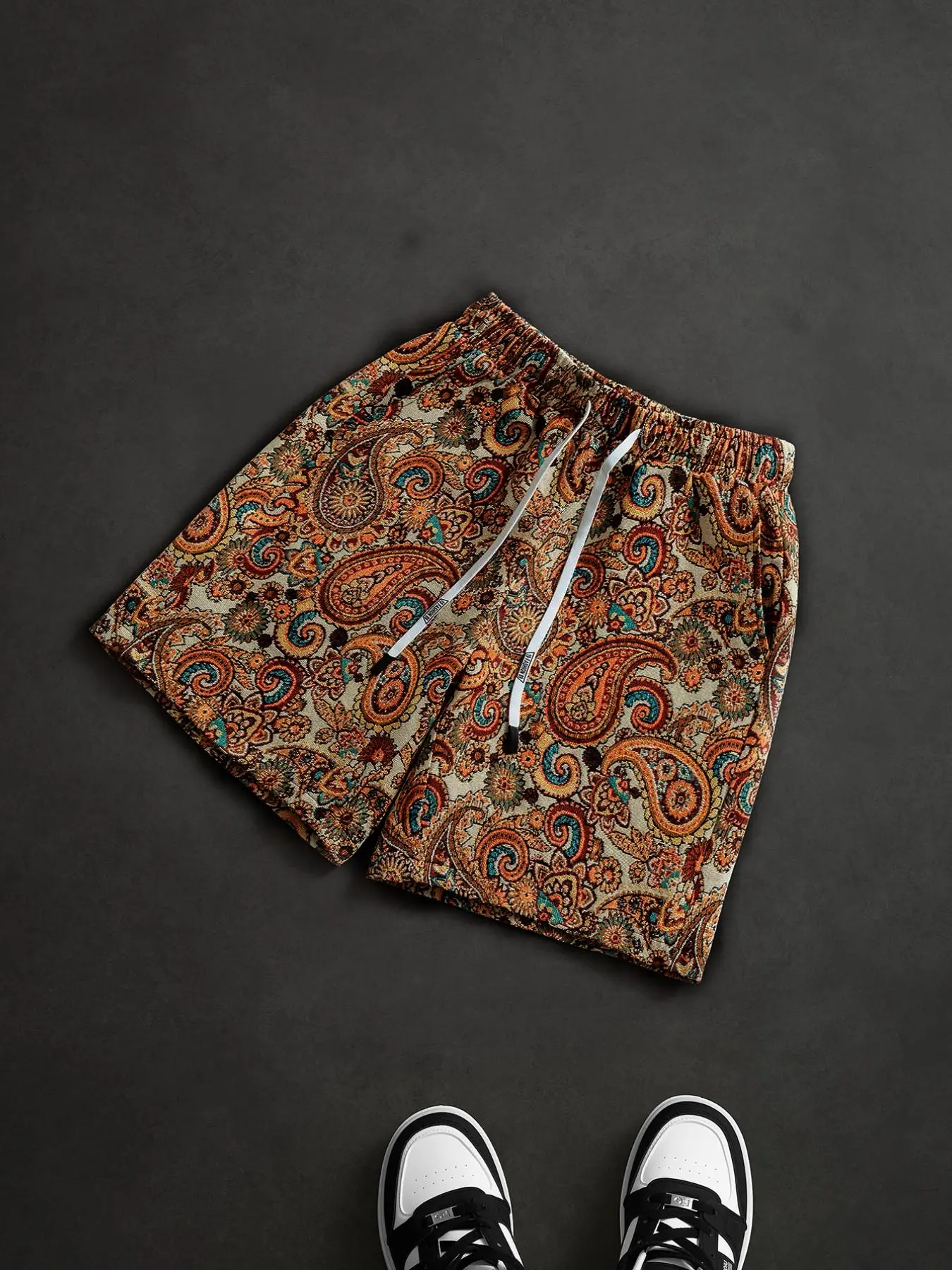 Men's Retro Ethnic Walnut Flower Paisley Casual Shorts, Drawstring Waistband Shorts, Elastic Drawstring Waist, Fashionable Five-Pocket Pants, Summer Streetwear, Menswear, Breathable Comfort Fabric
