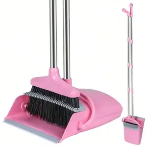 Broom And Dustpan Set For Home, Office, Kitchen Pink Plastic Broom With Matching Pink Dustpan, Lightweight And Easy To Store