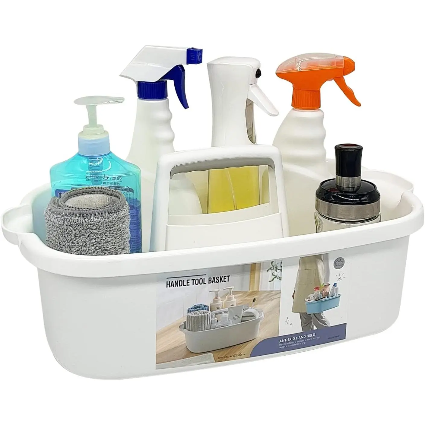 Multi-Purpose Plastic Cleaning  with Handle, Shower  Organizer/Storage Basket/ Portable for Bathroom Supplies, Cleaning Products, Under Sink Tool, Housekeepers (White)