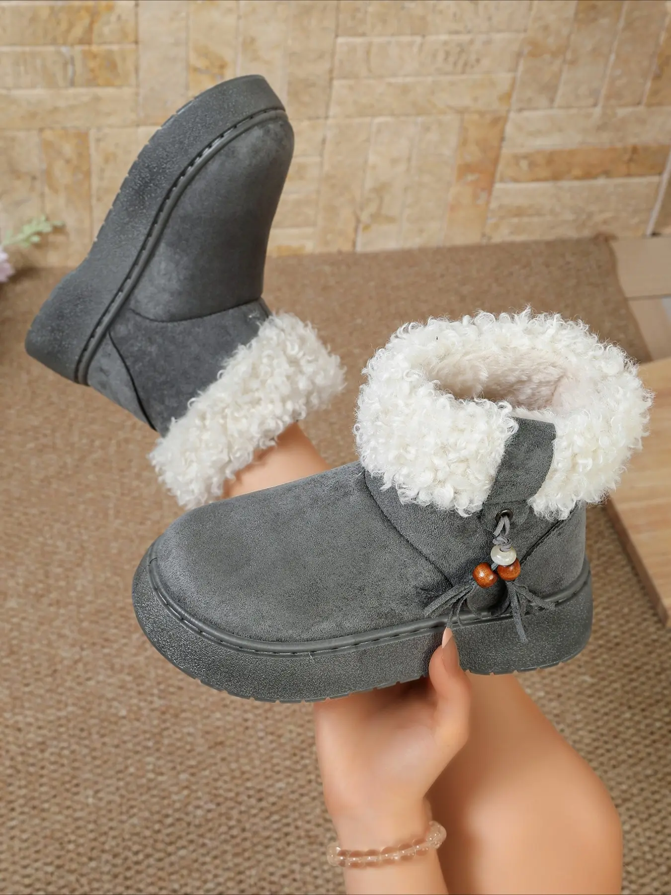 Suede platform short snow boots with fluffy rolled cuff, tassel bead decor, plush lining, sweet cozy women winter warm boots