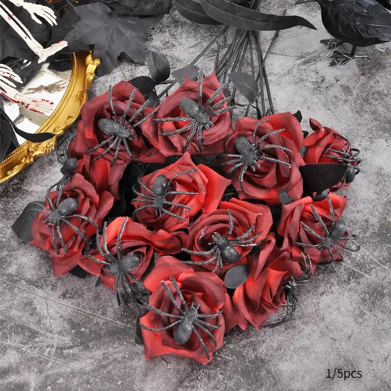 1/5Pcs Halloween Flowers  Artificial Rose Realistic Gothic Spider Rose Bouquet Simulation Handmade Fake Flower Halloween Decor