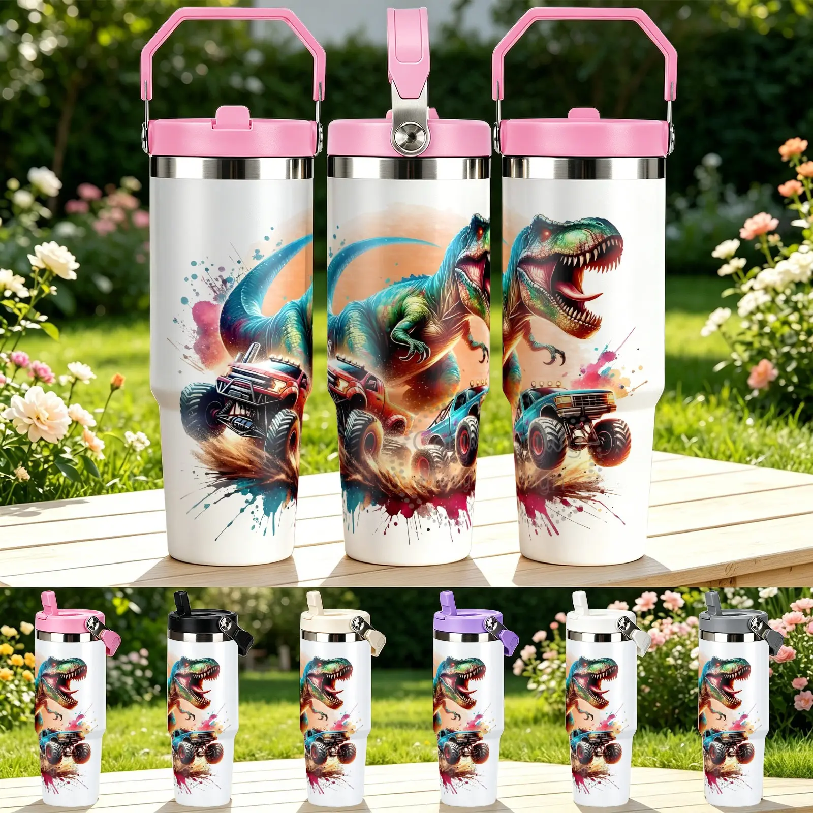 Dinosaur Monster Truck Print 30oz Insulated Mug, Stainless Steel, Leak-Proof Lid, Large Capacity, Ideal for Gym, Office, Travel
