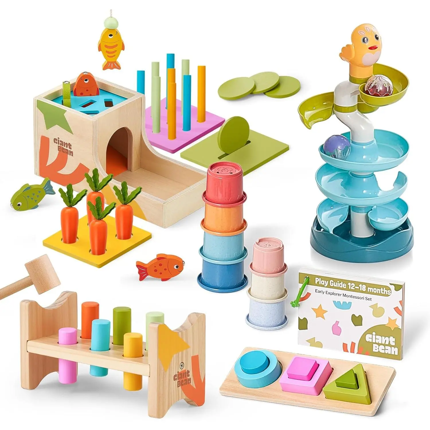 8-in-1 Wooden Montessori Toys Set Learning Toys for Baby 12-18 Month with Object Permanence Box, Senser Ball Roll Tower, Hammer, Fishing Carrot, Shape Sorting Stacking Cup for Kids 1+fidget toys