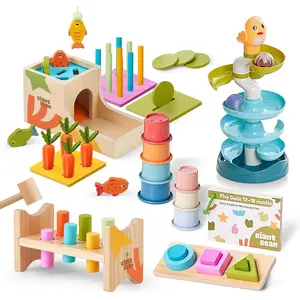 8-in-1 Wooden Montessori Toys Set Learning Toys for Baby 12-18 Month with Object Permanence Box, Senser Ball Roll Tower, Hammer, Fishing Carrot, Shape Sorting Stacking Cup for Kids 1+fidget toys